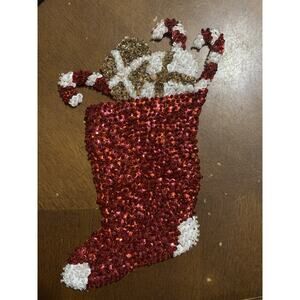VINTAGE SEQUIN CHRISTMAS STOCKING APPLIQUE HOLIDAY RED WHITE‎ GOLD 8.5”x5”